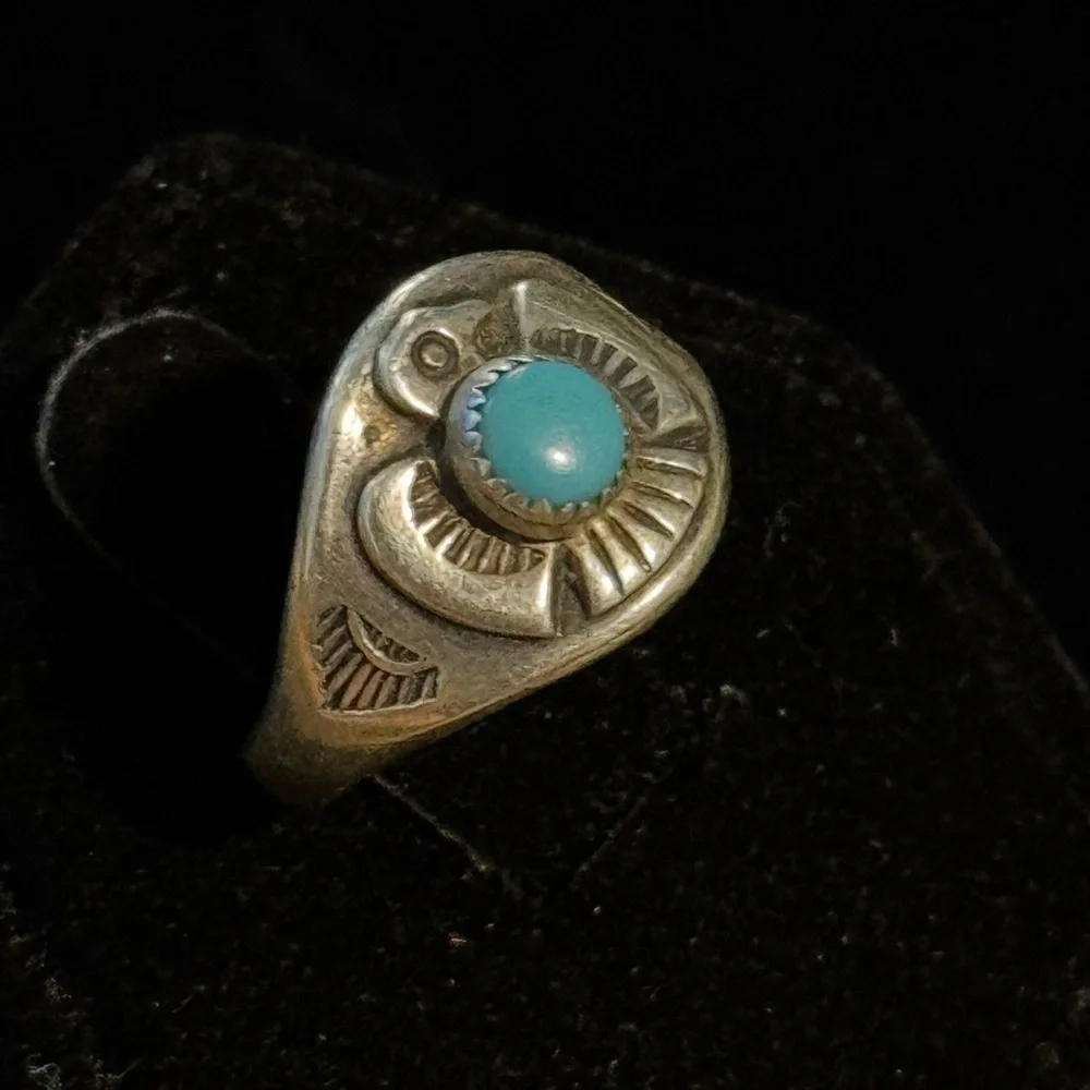 Vintage Native American Turquoise Sterling Silver Thunderbird Ring Size 6